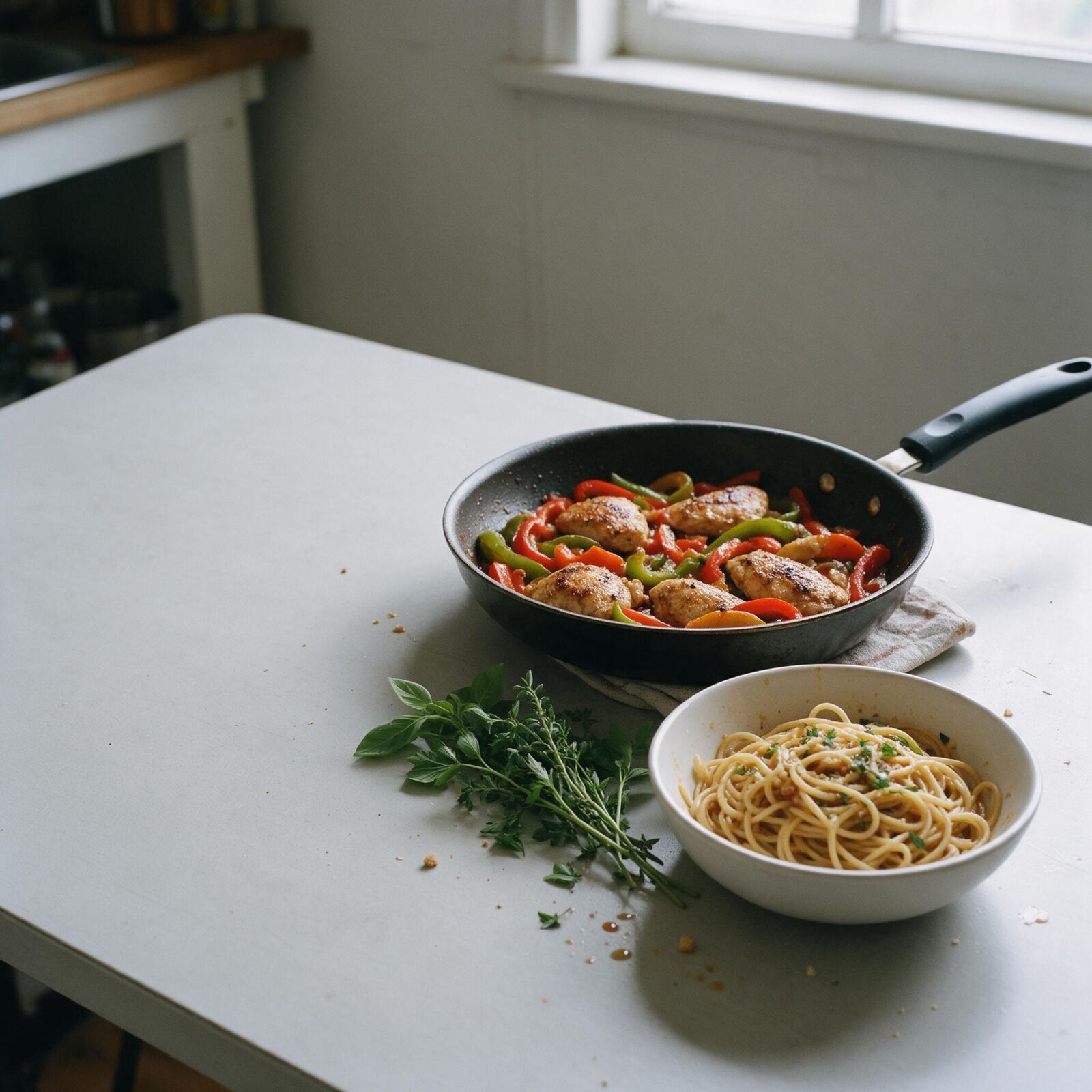 Weeknight dinner table with a chicken skillet and a bowl of pasta