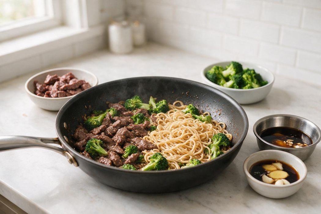 Beef and Broccoli Noodles step 1: Whisk soy sauce, honey, ginger, garlic, and water