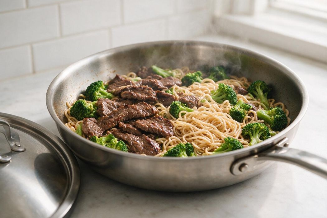 Beef and Broccoli Noodles step 2: Add broccoli and a splash of water; cover for 3 minutes until tender-crisp