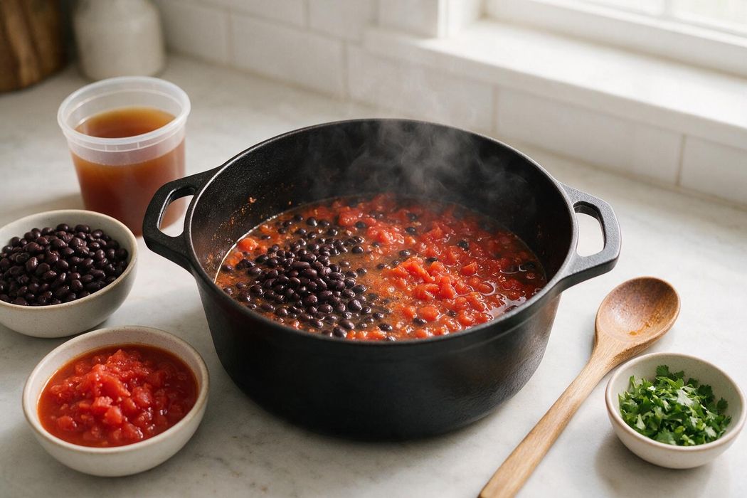 15-Minute Smoky Black Bean Soup step 1: Add beans, tomatoes, and broth. Bring to a boil and simmer 6 minutes