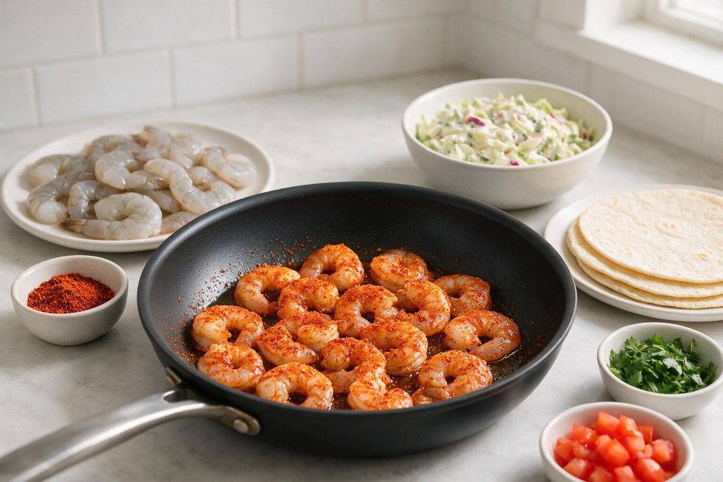 Cajun Shrimp Tacos with Lime Slaw step 1: Pat shrimp dry and toss with Cajun seasoning and oil