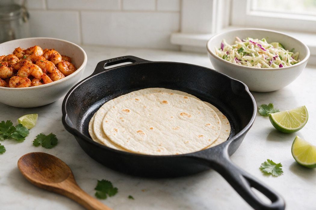 Cajun Shrimp Tacos with Lime Slaw step 2: Warm tortillas in a dry skillet for 20–30 seconds per side