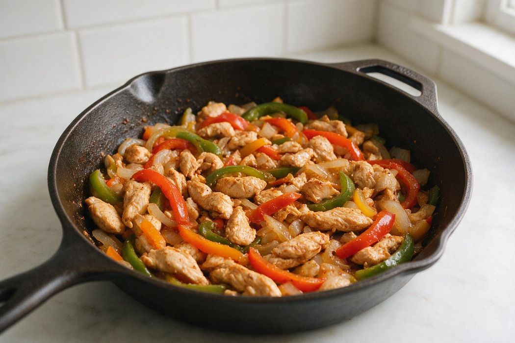 Quick Chicken Fajita Skillet step 2: Add peppers and onion and cook 5–6 minutes more until vegetables soften and chicken reaches 165°F (74°C)