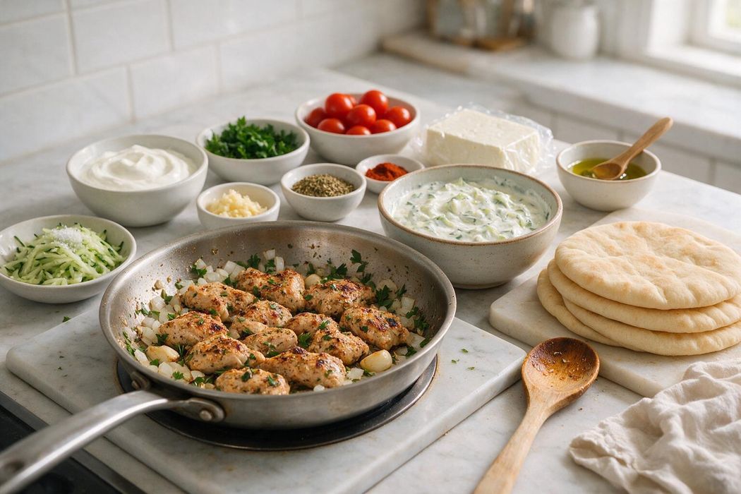 Chicken Souvlaki Pitas step 1: Mix yogurt, grated cucumber, remaining garlic, and a pinch of salt to make tzatziki