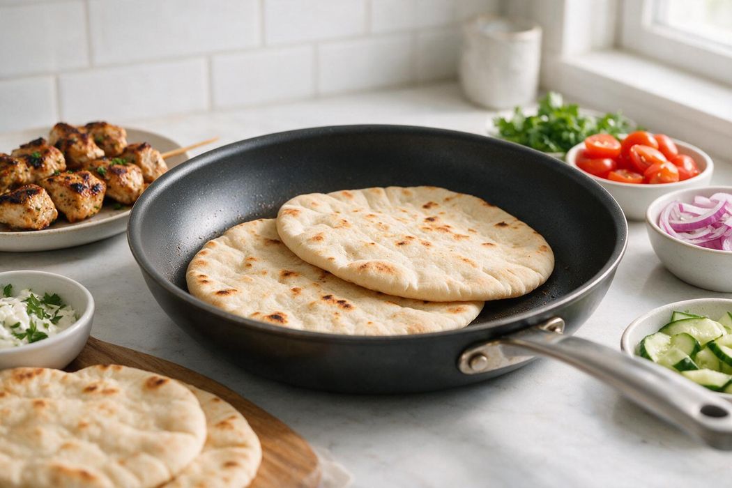 Chicken Souvlaki Pitas step 2: Warm pitas in a dry pan or directly over a gas flame for 20 seconds per side