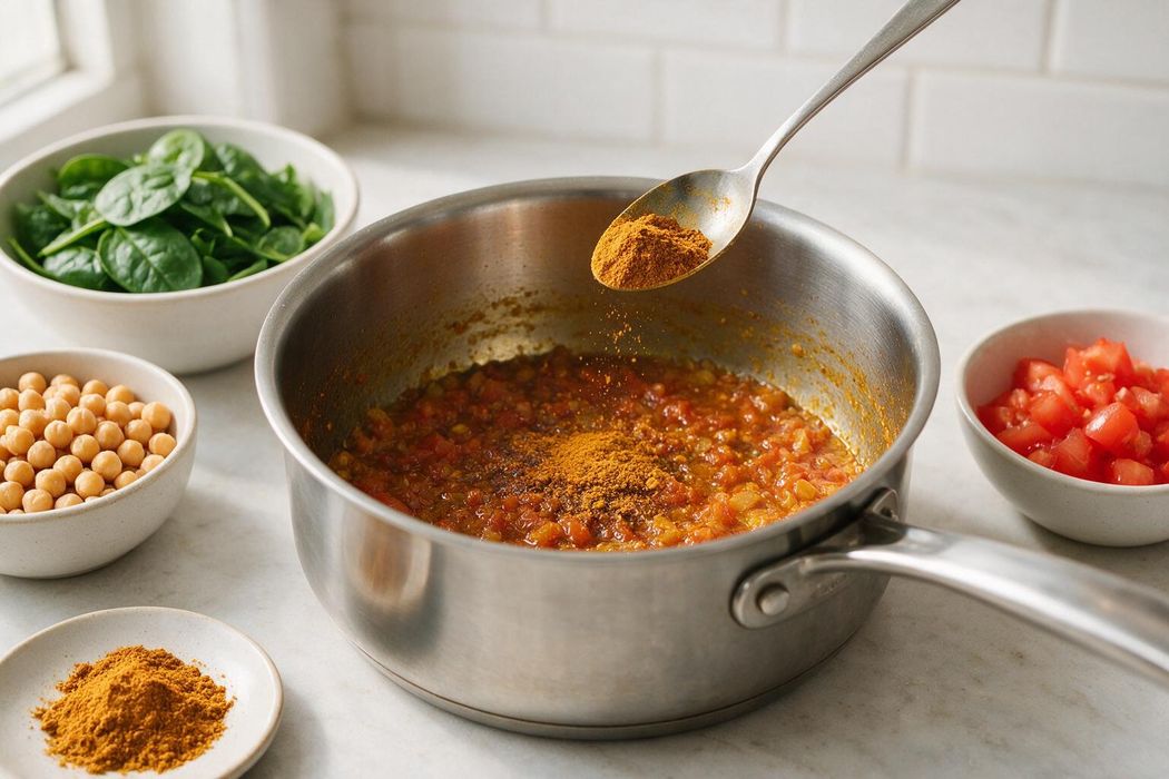 Fast Chickpea Spinach Curry step 1: Add curry powder and stir for 30 seconds