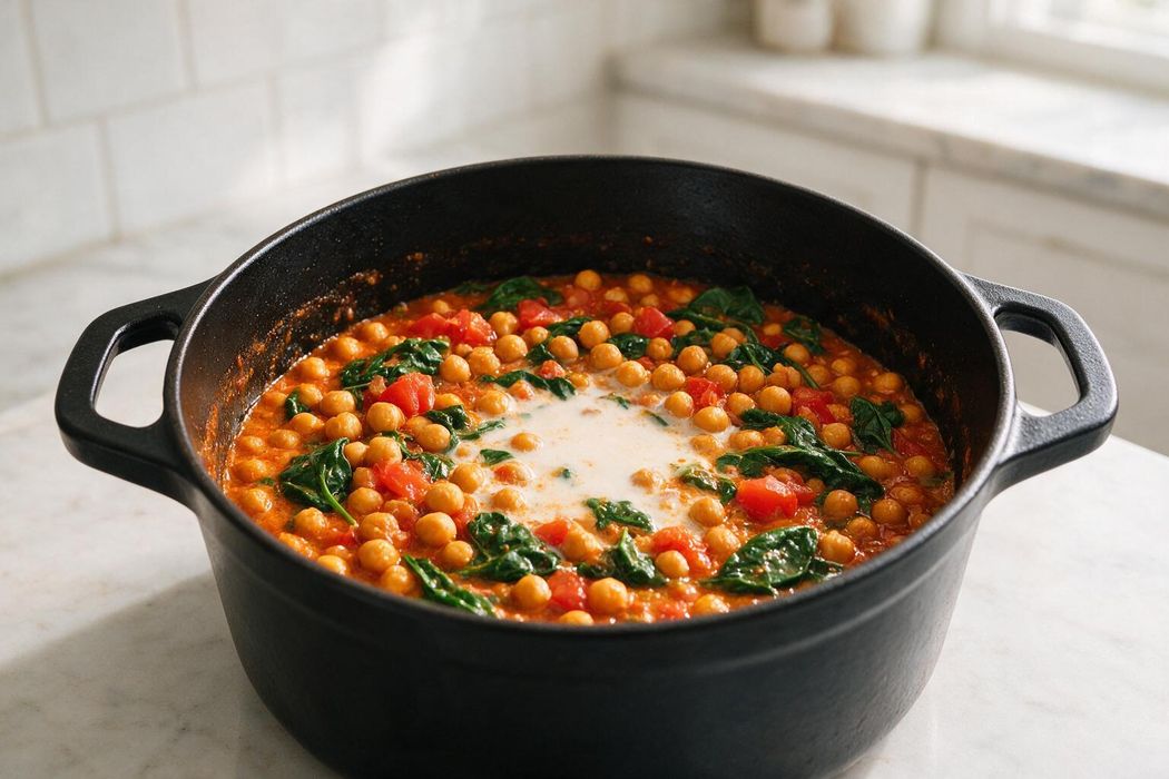 Fast Chickpea Spinach Curry step 2: Add chickpeas, tomatoes, and coconut milk. Simmer for 7 minutes