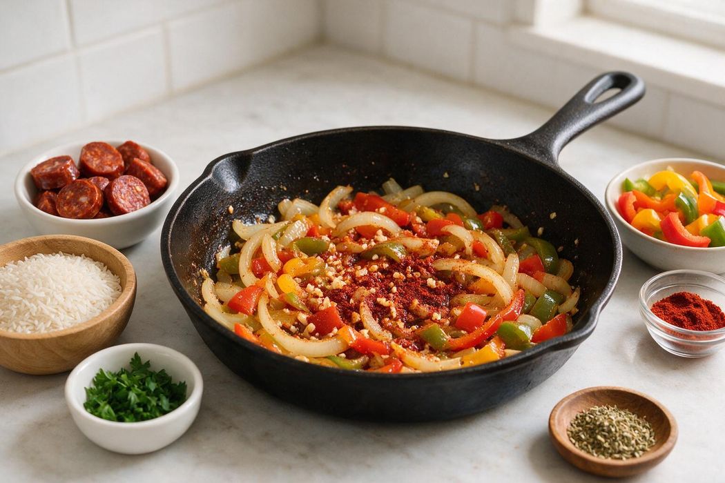 Chorizo and Pepper Rice Skillet step 1: Add onion and pepper; cook 4 minutes until softened. Stir in garlic and paprika for 30 seconds
