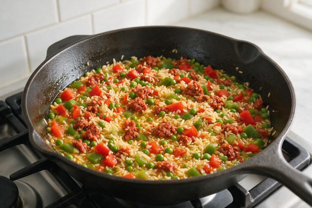 Chorizo and Pepper Rice Skillet step 2: Add rice and peas; stir to coat in the oil. Pour in broth and cook 4–5 minutes, stirring occasionally, until hot and lightly crisp on the bottom