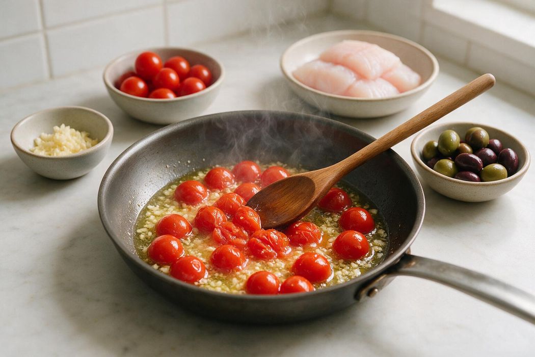 Mediterranean Cod with Tomatoes and Olives step 1: Heat olive oil in a skillet over medium heat. Add garlic and cook 30 seconds. Add tomatoes and cook 4–5 minutes until they begin to burst; press some with a spoon