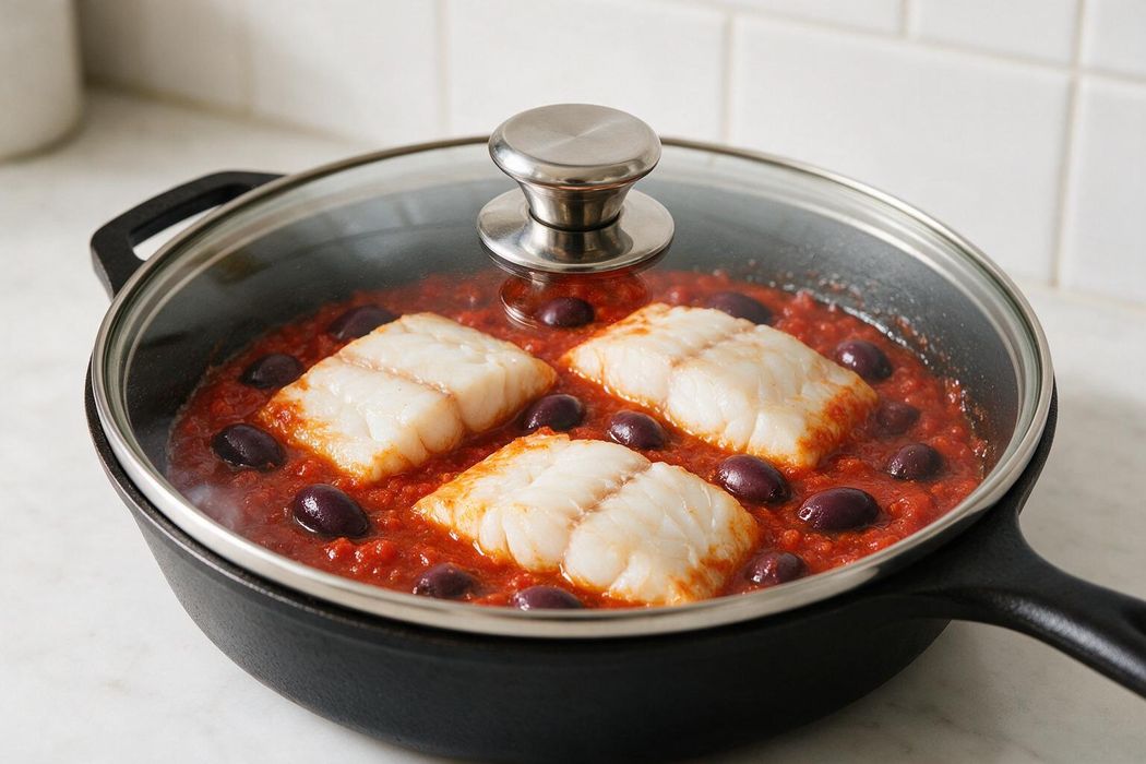 Mediterranean Cod with Tomatoes and Olives step 2: Nestle cod into the sauce, cover, and cook 6–7 minutes until the fish is opaque, flakes easily, and reaches 145°F (63°C)