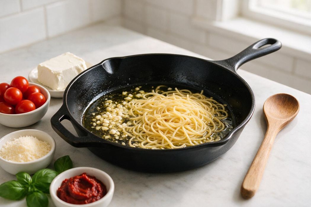 Creamy Tomato Pasta step 1: Meanwhile, warm olive oil in a skillet and sauté garlic for 30 seconds