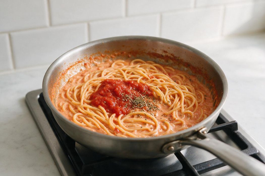 Creamy Tomato Pasta step 2: Stir in passata and oregano; simmer 4 minutes