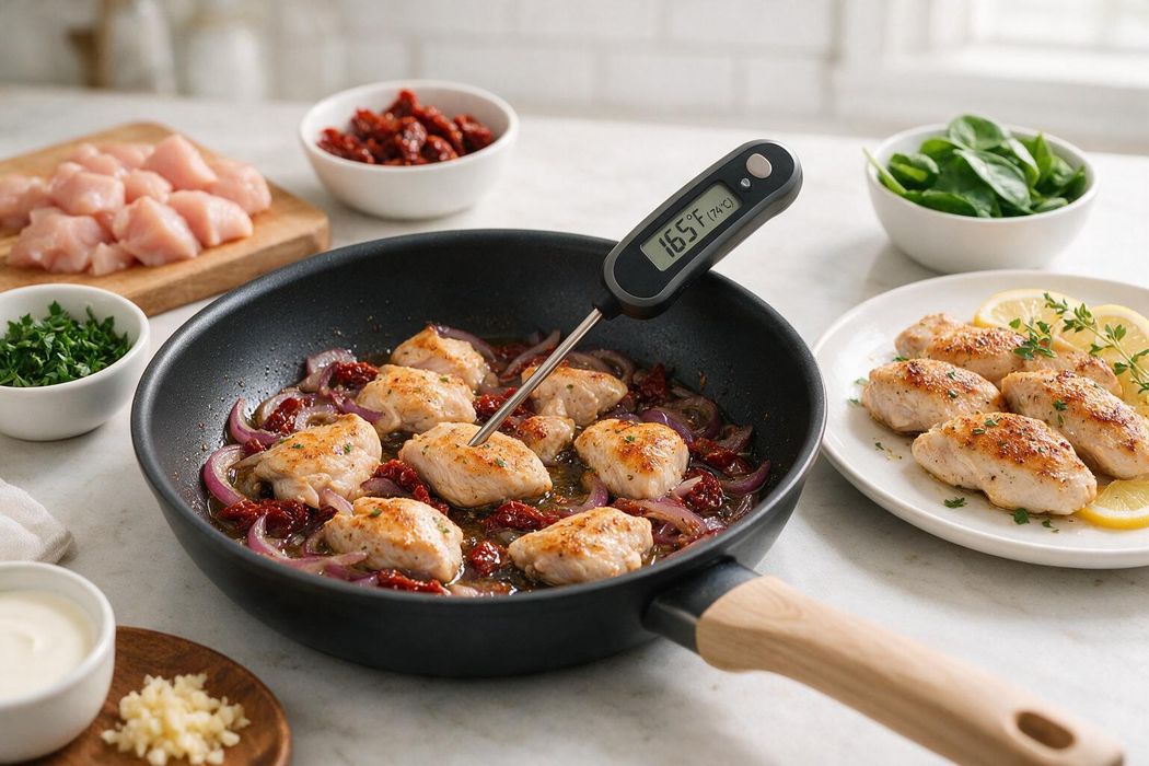 Creamy Tuscan Chicken step 1: Heat oil in a skillet over medium-high heat. Cook chicken 4–5 minutes per side until golden and 165°F (74°C). Move to a plate
