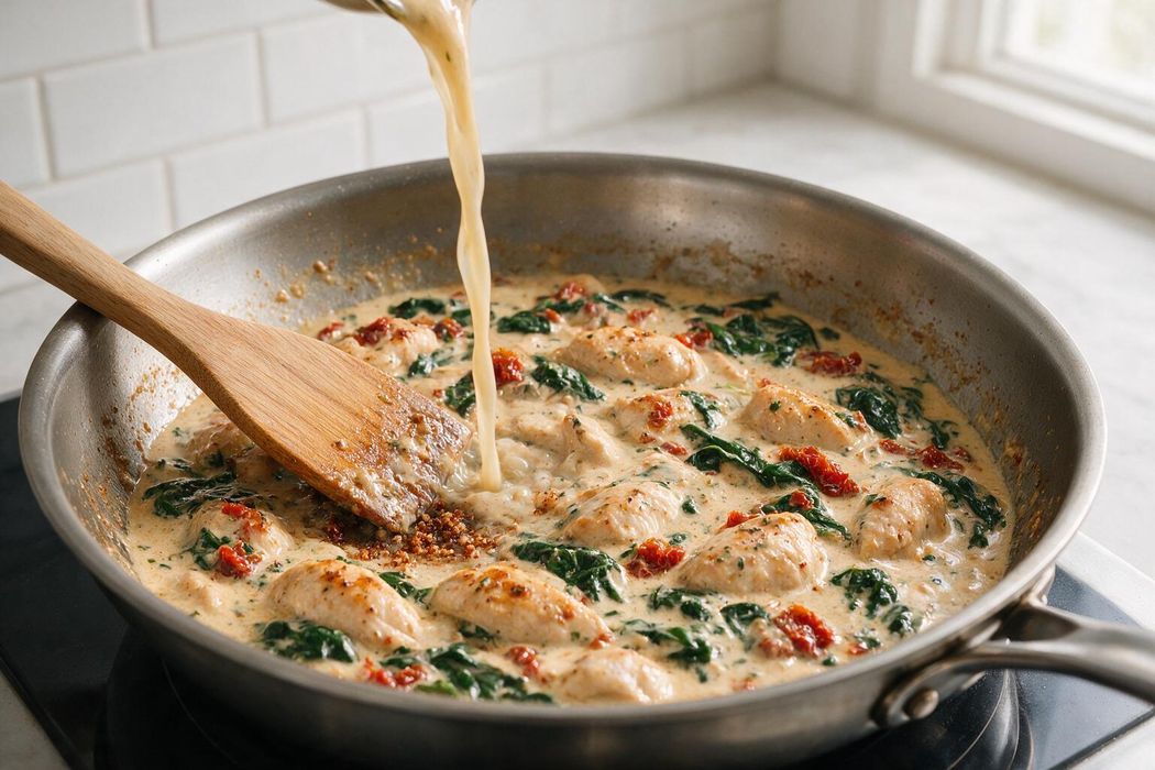 Creamy Tuscan Chicken step 2: Pour in broth, scraping the pan, and simmer 2 minutes. Stir in cream and parmesan and simmer 2 minutes until slightly thickened