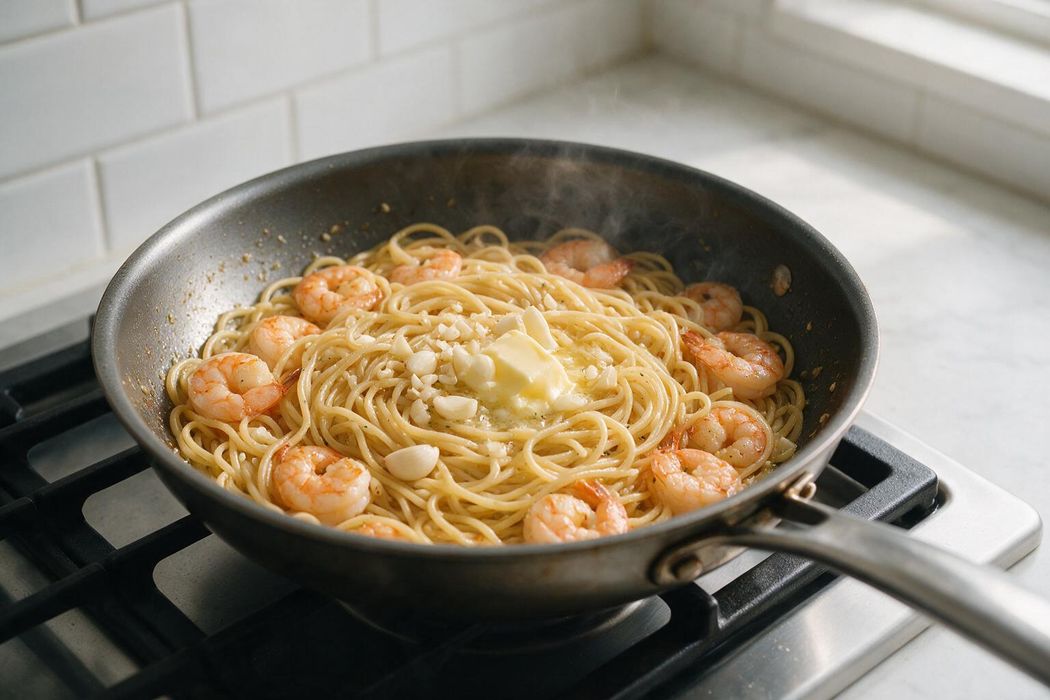 Garlic Butter Shrimp Pasta step 2: Reduce heat. Add butter and garlic; stir for 30 seconds until fragrant