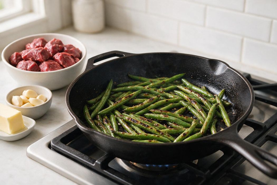 Garlic Butter Steak Bites with Green Beans step 1: Heat oil in a large skillet over medium-high heat. Add green beans and water, cover, and cook 4 minutes. Uncover and cook 1–2 minutes more until blistered. Transfer to a plate
