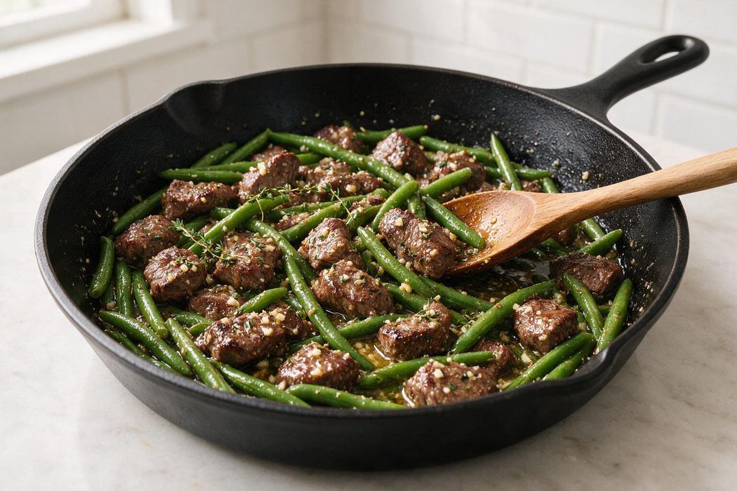 Garlic Butter Steak Bites with Green Beans step 2: Lower heat, add butter, garlic, thyme, and Worcestershire. Toss 1 minute until fragrant and coated