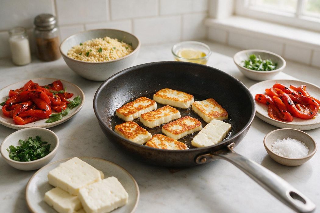 Halloumi and Roasted Pepper Couscous step 1: Meanwhile, heat oil in a skillet over medium-high heat. Fry halloumi 2–3 minutes per side until deep golden