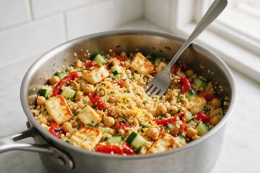Halloumi and Roasted Pepper Couscous step 2: Fluff couscous with a fork. Stir in chickpeas, peppers, cucumber, lemon zest, juice, and herbs. Season to taste