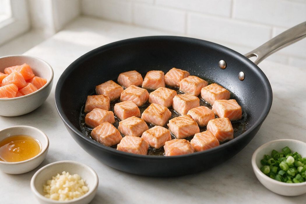 Honey Garlic Salmon Bites step 1: Heat oil in a nonstick skillet over medium-high heat. Add salmon cubes in one layer
