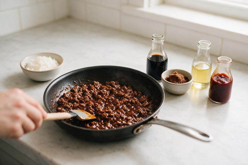 Korean-Style Ground Beef Rice Bowls step 2: Stir in soy sauce, brown sugar, sesame oil, and gochujang. Simmer 2 minutes until the sauce coats the beef