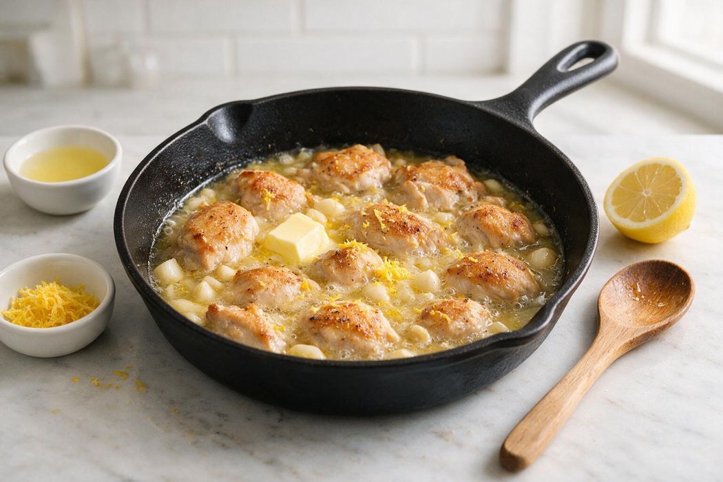 Lemon Chicken Skillet step 2: Reduce heat; add butter and garlic for 30 seconds. Pour in broth, lemon juice, and zest. Simmer 1–2 minutes