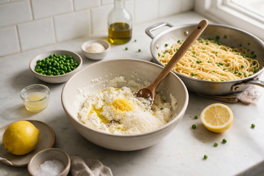 Lemon Ricotta Pasta with Peas step 1: Meanwhile, stir ricotta, parmesan, lemon zest, 1 tbsp lemon juice, olive oil, salt, and pepper in a large serving bowl
