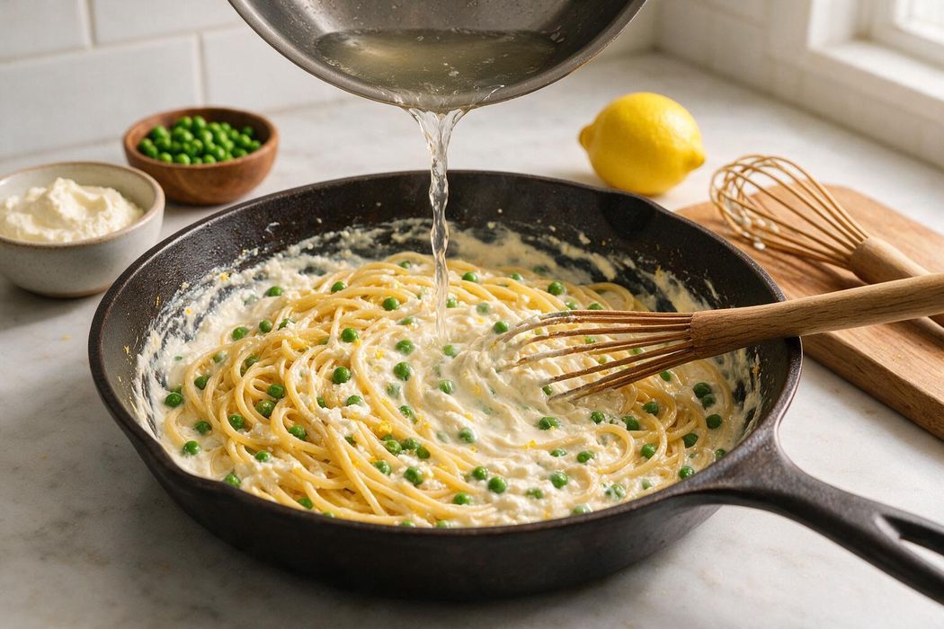 Lemon Ricotta Pasta with Peas step 2: Whisk a few tablespoons of hot pasta water into the ricotta until creamy, then add pasta and toss, adding more water as needed until silky