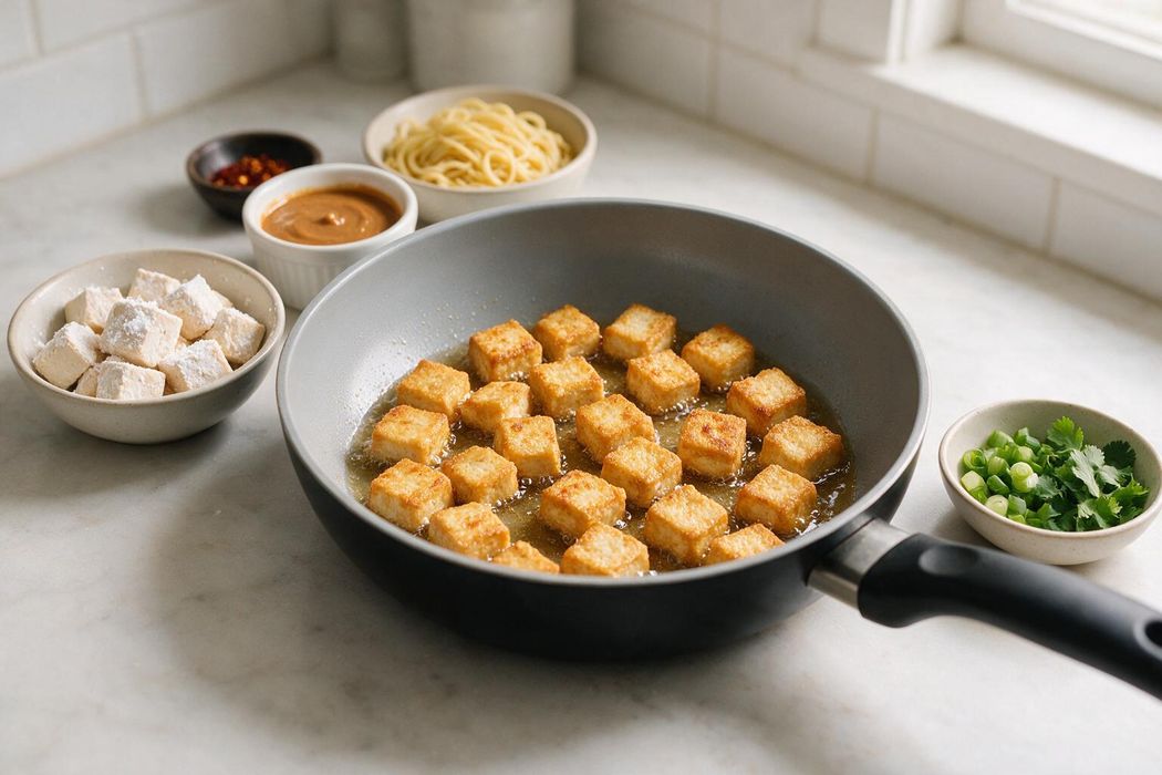 Peanut Noodles with Crispy Tofu step 1: Toss tofu cubes with cornstarch and a pinch of salt. Heat oil in a nonstick skillet over medium-high heat and fry tofu 8–10 minutes, turning, until crisp and golden