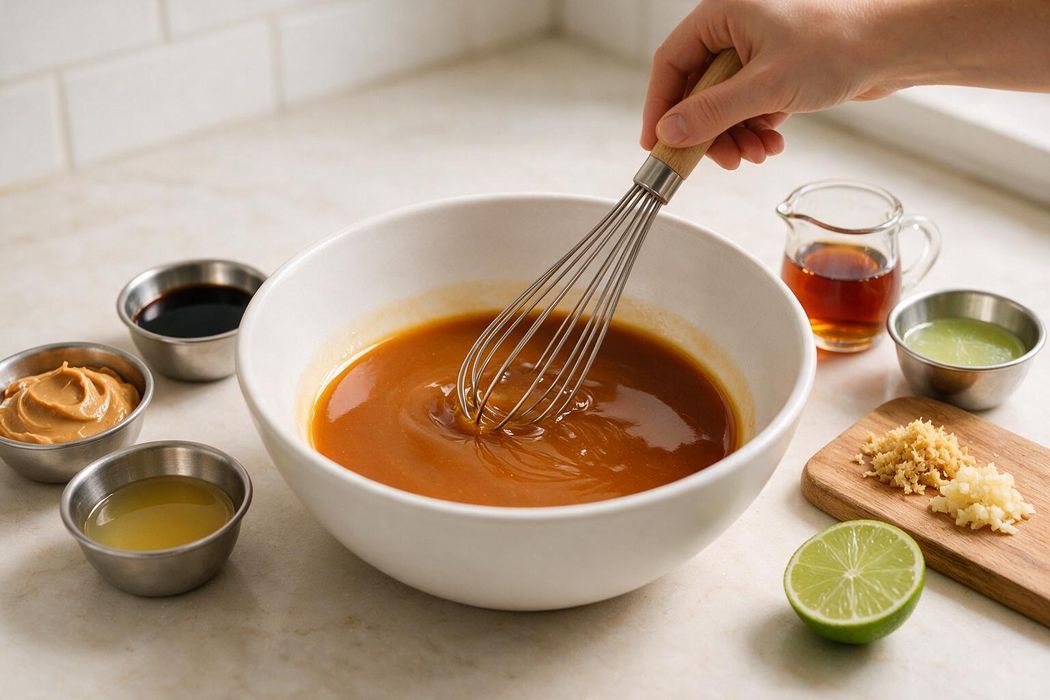 Peanut Noodles with Crispy Tofu step 2: Whisk peanut butter, soy sauce, vinegar, maple syrup, lime juice, ginger, and garlic with enough hot water to make a smooth, pourable sauce