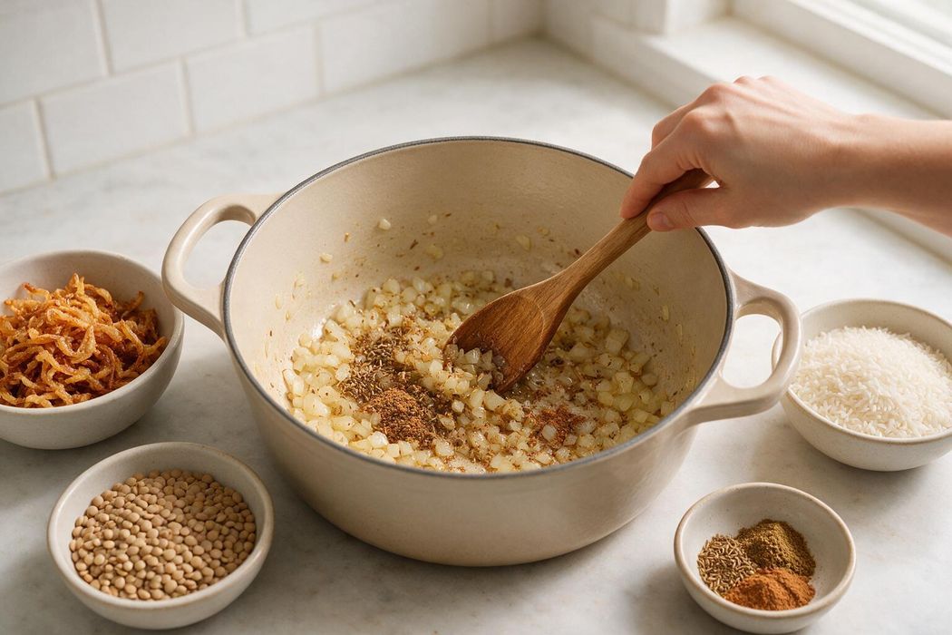 Quick Mujadara with Crispy Onions step 1: Add cumin, coriander, and cinnamon to the remaining onions; stir 30 seconds