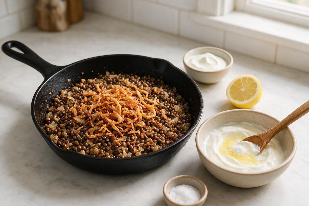 Quick Mujadara with Crispy Onions step 2: Mix yogurt with lemon juice and a pinch of salt