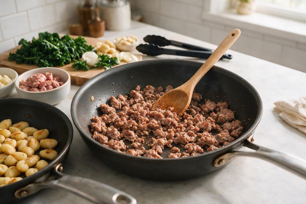 Crispy Gnocchi with Sausage and Kale step 1: Add remaining oil and sausage to the pan. Break it up and cook 5 minutes until browned and cooked through to 160°F (71°C)