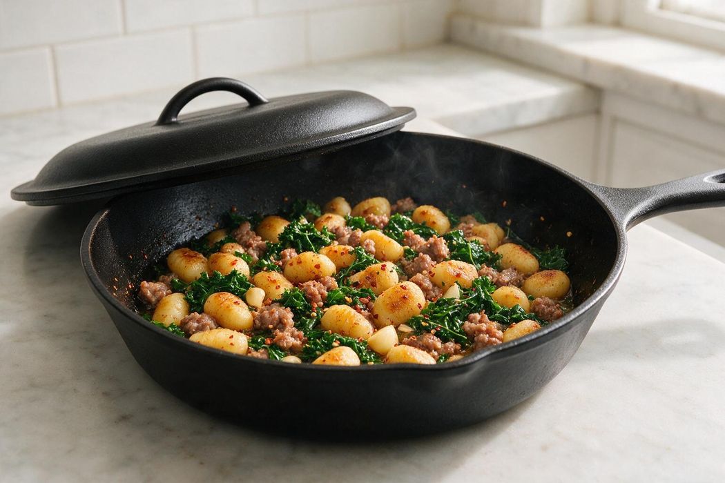 Crispy Gnocchi with Sausage and Kale step 2: Add garlic and chili flakes for 30 seconds, then kale and water. Cover and cook 2 minutes until kale is wilted