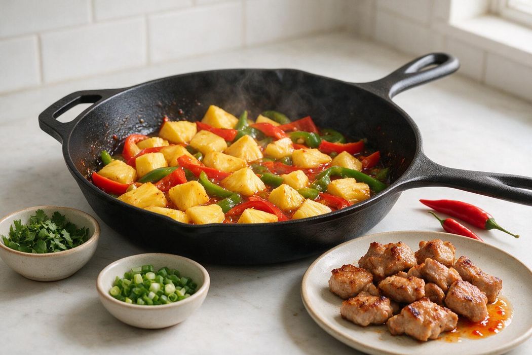 Sweet Chili Pork and Pineapple Skillet step 1: Heat oil in a large skillet over high heat. Sear pork in a single layer 2 minutes per side until browned; it should reach 145°F (63°C). Transfer to a plate