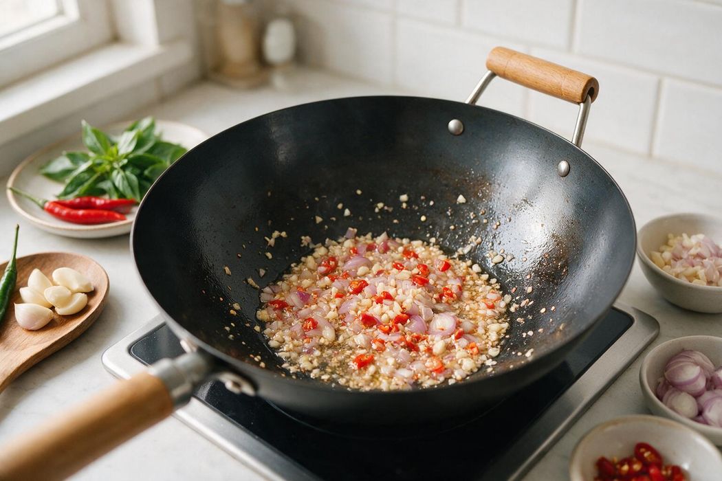 Thai Basil Chicken (Pad Kra Pao) step 1: Heat oil in a skillet or wok over high heat. Stir-fry garlic, chili, and shallot for 30 seconds until fragrant