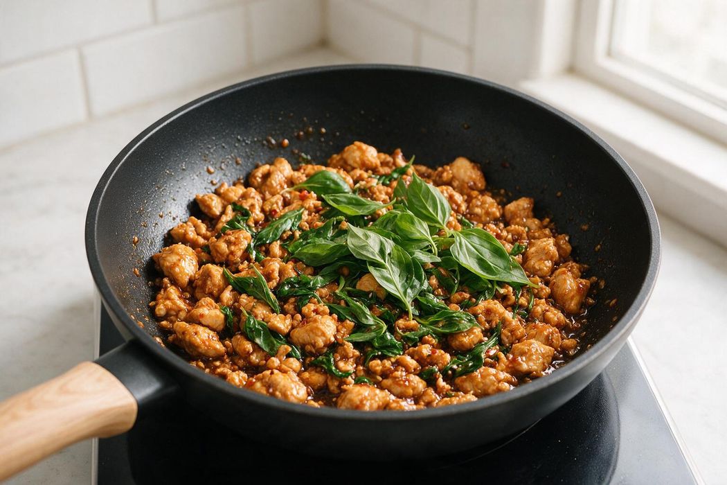 Thai Basil Chicken (Pad Kra Pao) step 2: Pour in the sauce and toss for 1 minute until glossy. Turn off the heat and fold in the basil until just wilted