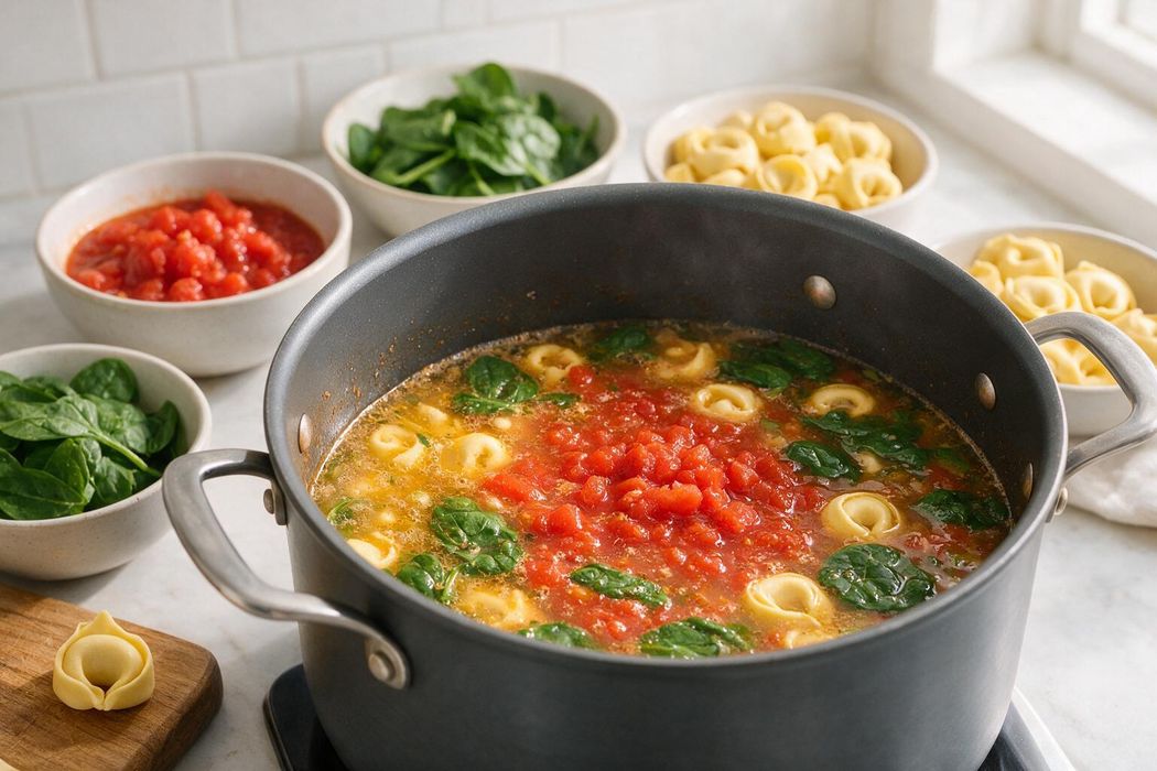Tomato Tortellini Soup with Spinach step 1: Add crushed tomatoes and broth. Cover and bring to a boil, about 4 minutes
