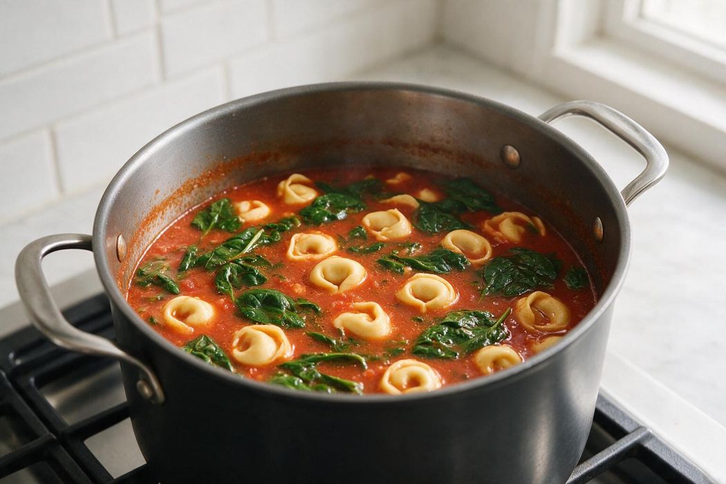 Tomato Tortellini Soup with Spinach step 2: Add tortellini and simmer according to package directions, usually 3–5 minutes, until tender