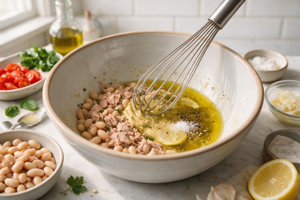 Tuscan Tuna and White Bean Salad step 1: Whisk olive oil, lemon juice, mustard, salt, and pepper in a large bowl