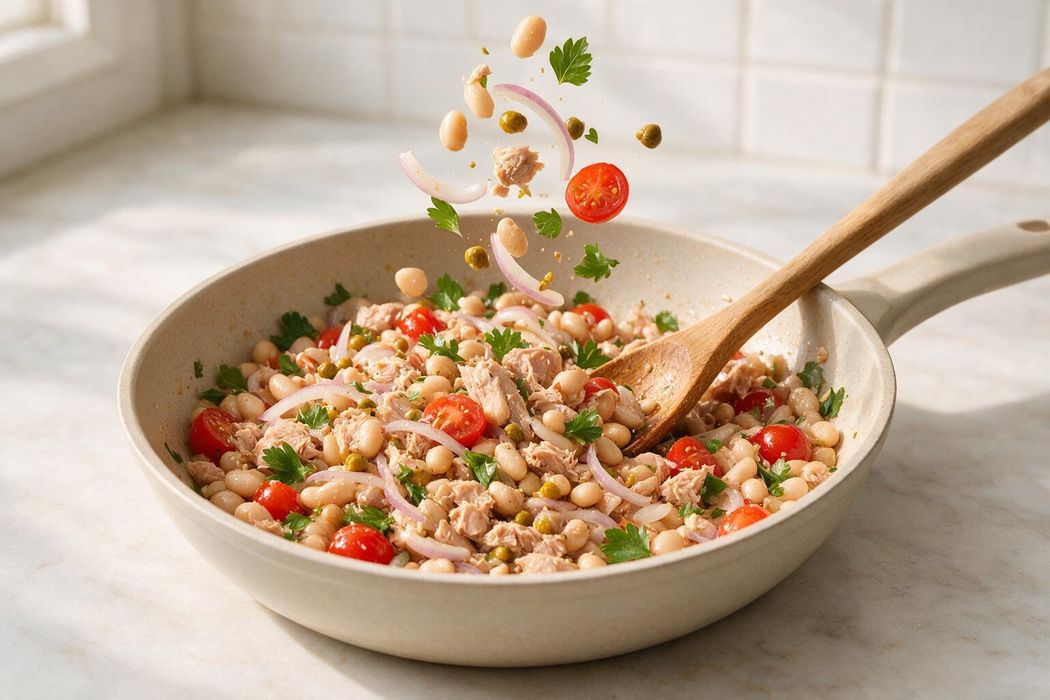 Tuscan Tuna and White Bean Salad step 2: Add beans, onion, tomatoes, capers, and parsley; toss to coat