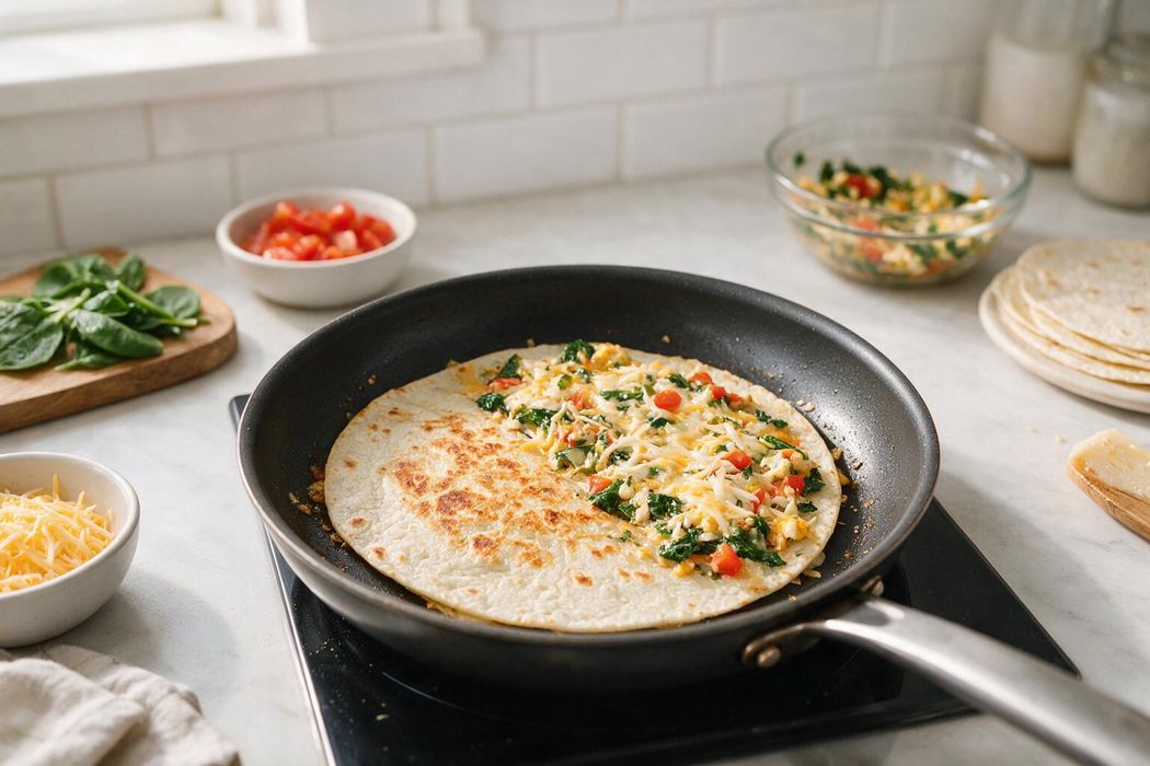 Crispy Veggie Quesadillas step 1: Scatter cheese and vegetable mixture over half of each tortilla; fold closed