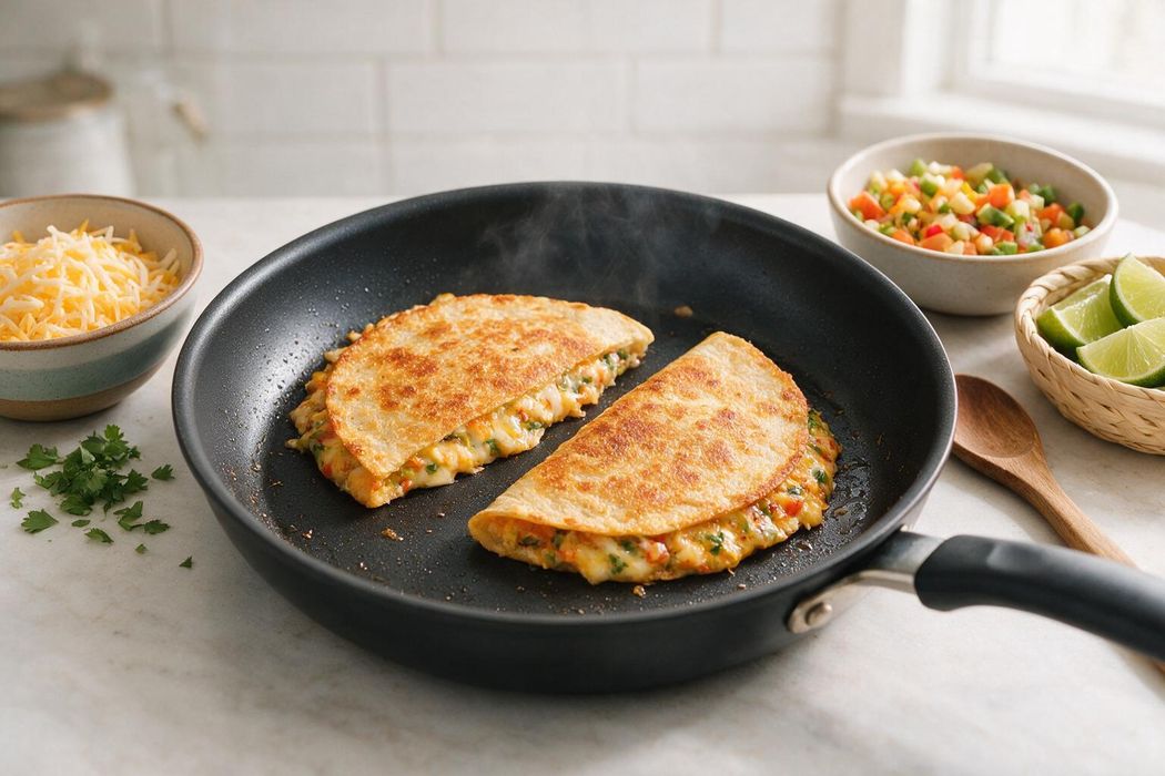 Crispy Veggie Quesadillas step 2: Heat a lightly oiled skillet over medium heat. Cook quesadillas in batches for 2 minutes per side until golden and cheese melts